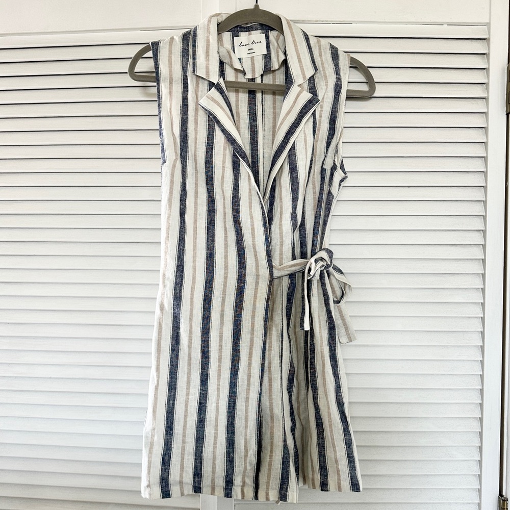 Love Tree Navy and White Linen Striped Shorts Romper